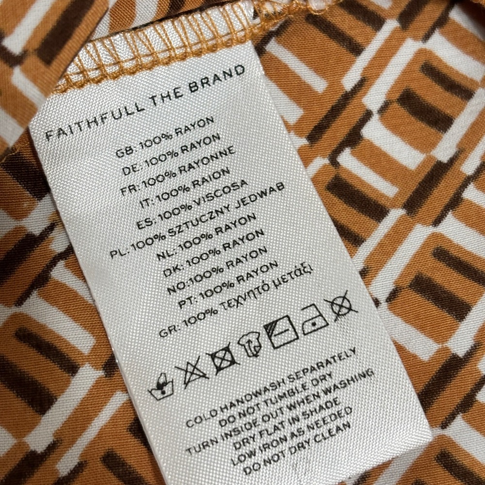 Faithfull the Brand Ruched Bust Brown Orange Midi Dress Geometric Print Sz 6 - Picture 9 of 9